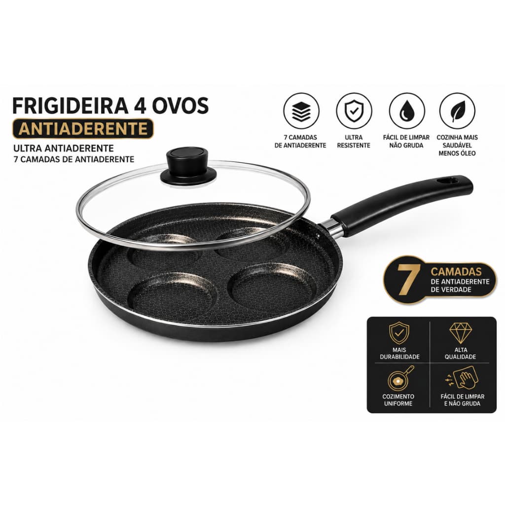 Frigideira 4 Ovos Antiaderente Com Tampa De Vidro Panela Grande Multiflon