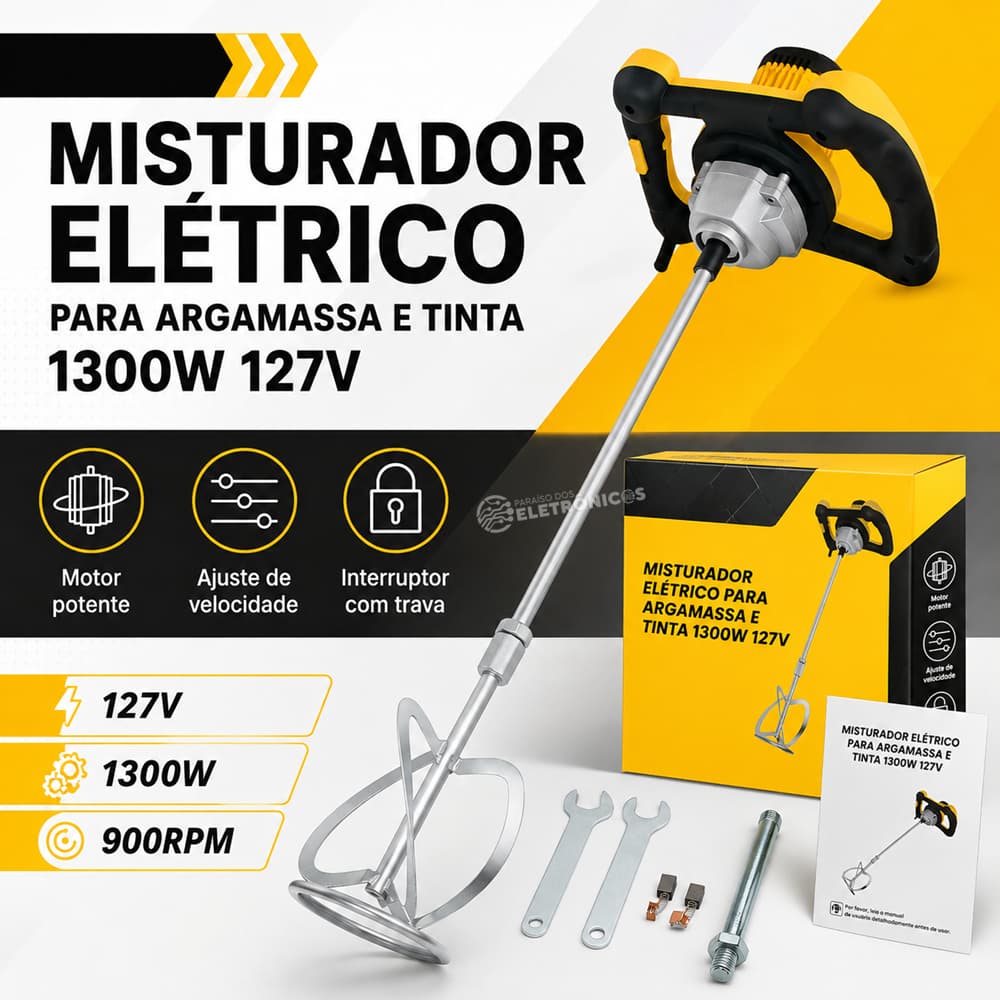 Misturador Elétrico 1300W 110V para, Massa e Rejunte, Controle de Velocidade 900RPM Profissional – B