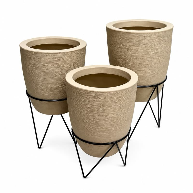 Kit 3 Vasos Decorativos para Plantas com Suporte de Ferro Vasos de Polietileno Premium Texturizados Jardim Sala Varanda