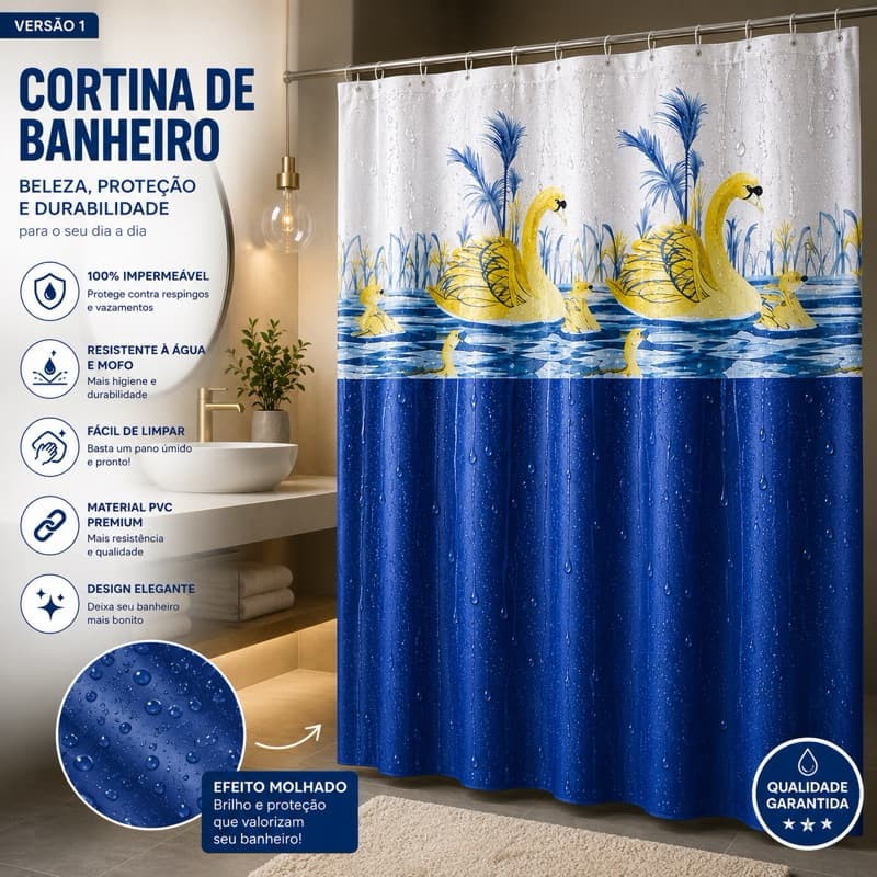 Cortina de Box Impermeável PVC Decorativa Cisnes Banheiro Ilhós Reforçado Lavável Resistente Premium
