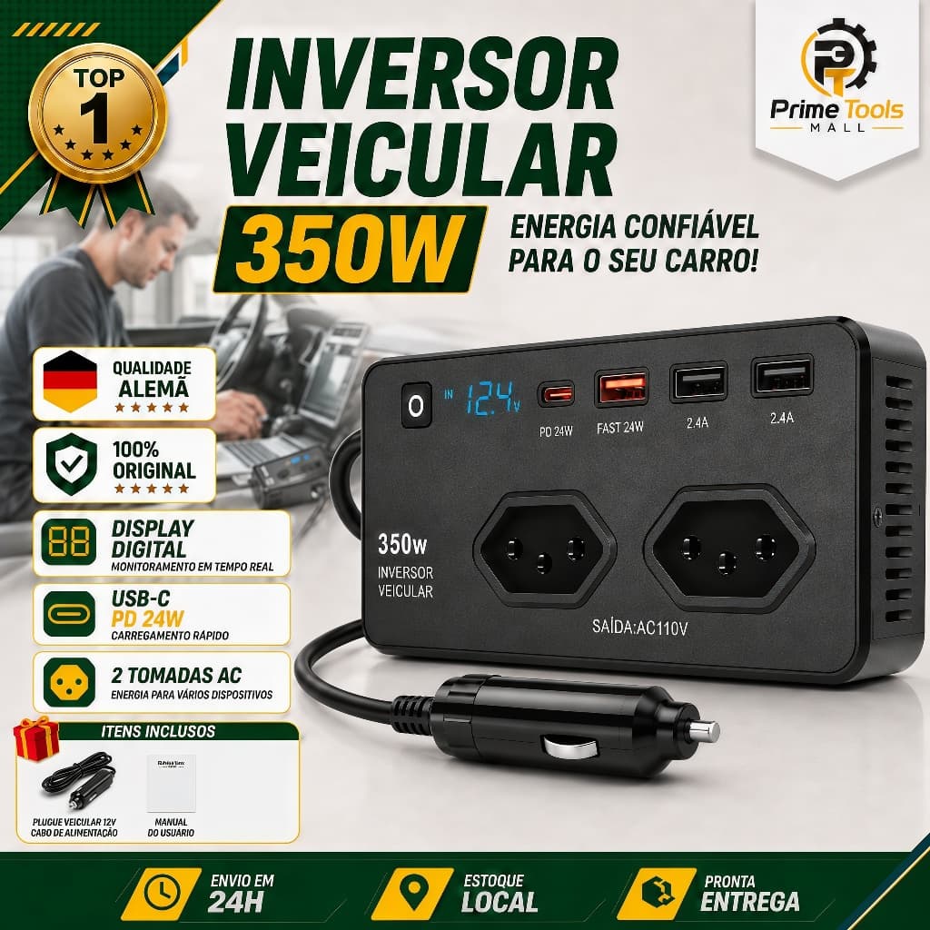 Inversor de Corrente 350W 12V para 110V/220V – 3 Portas USB + 1 Tipo-C ,Conversor de Energia para Carro e Viagem