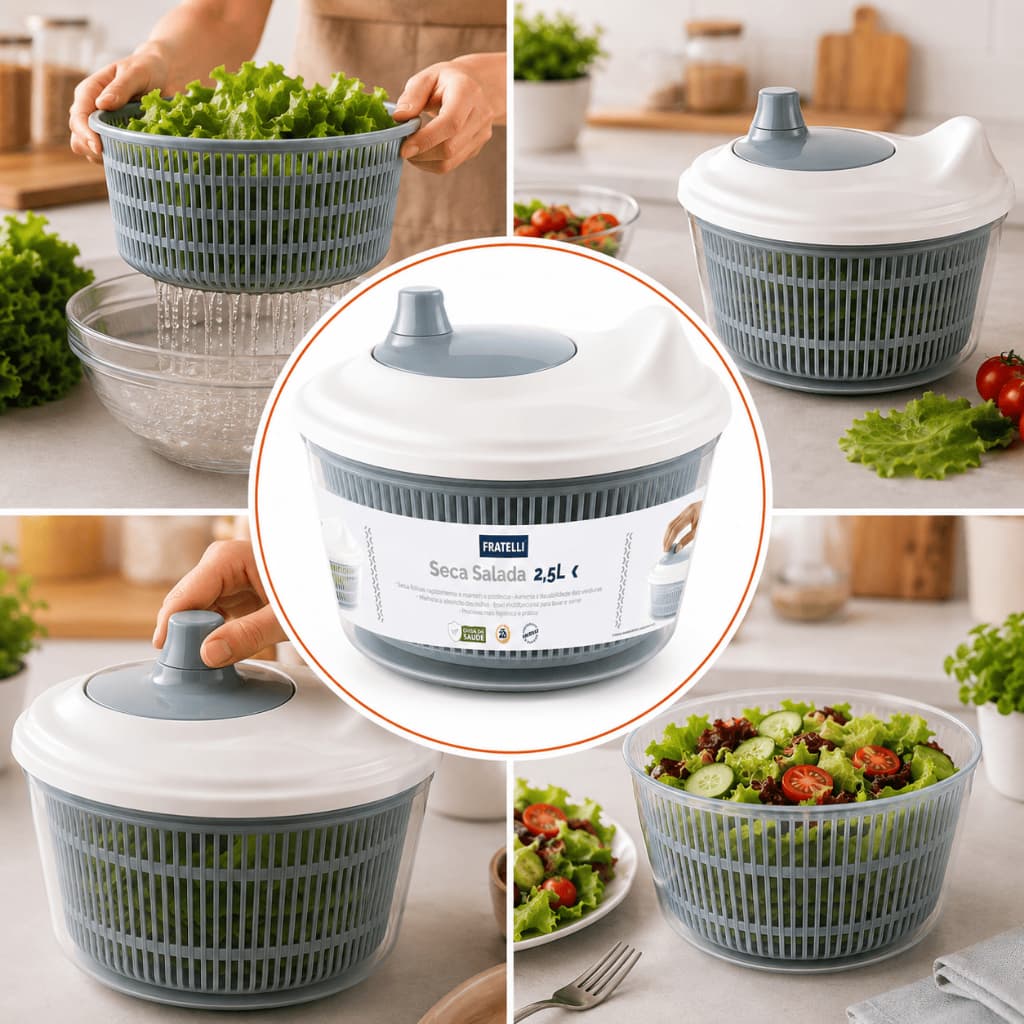 Seca Salada 2,5L Centrífuga Manual Escorredor De Folhas Verduras E Legumes Cinza