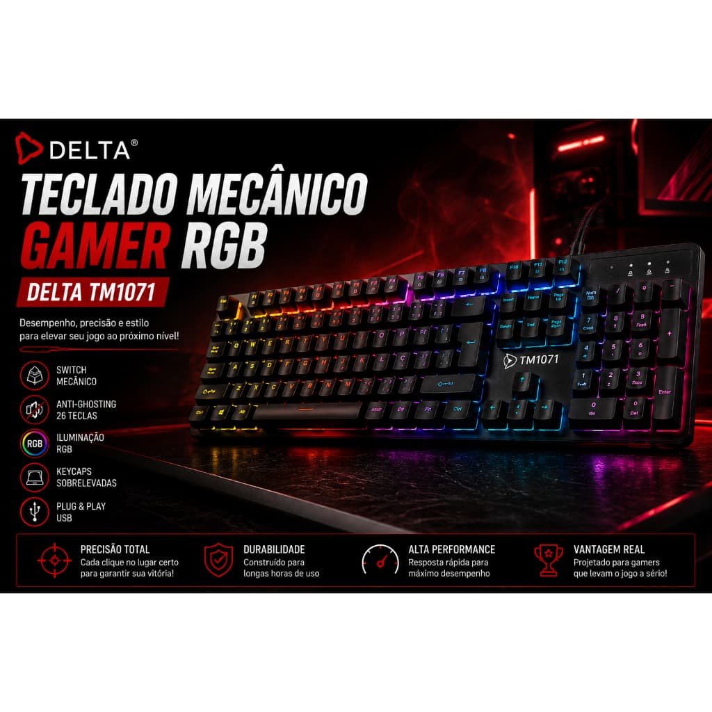 Teclado Mecânico Gamer RGB Delta TM1071 ABNT2 USB 107 Teclas Anti-Ghosting Plug & Play