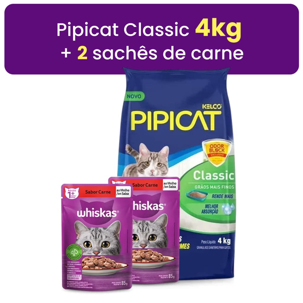 Kit Areia 4kg e 2 Saches Carne - Pipicat Classic 4kg e Whiskas Carne Adultos (2 de 85 g)