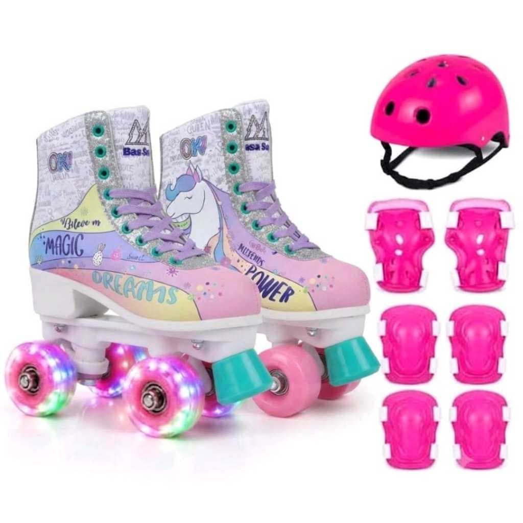 Patins Quad 4 Rodas Unicórnio E Roxo Glitter Com Luz De Led Com Kit Proteção Diversão Aventura