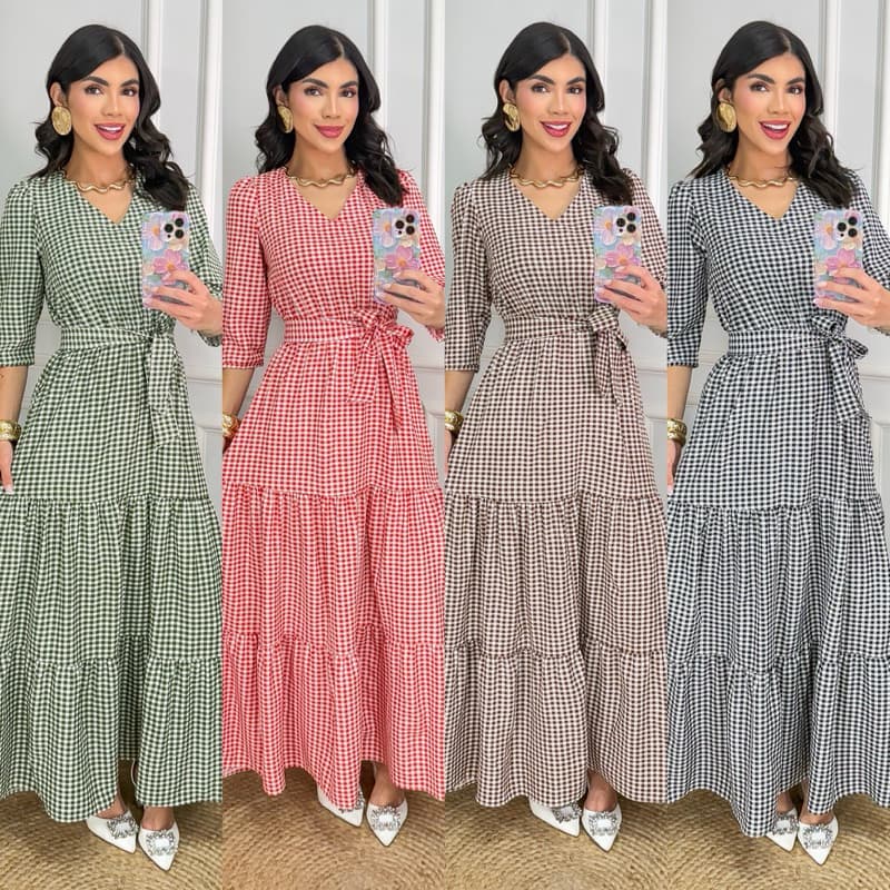 VESTIDO LONGO FEMININO  MODA EVANGÉLICA MANGA 3/4 TECIDO CREPE SEDA XADREZ TAMANHO M G GG