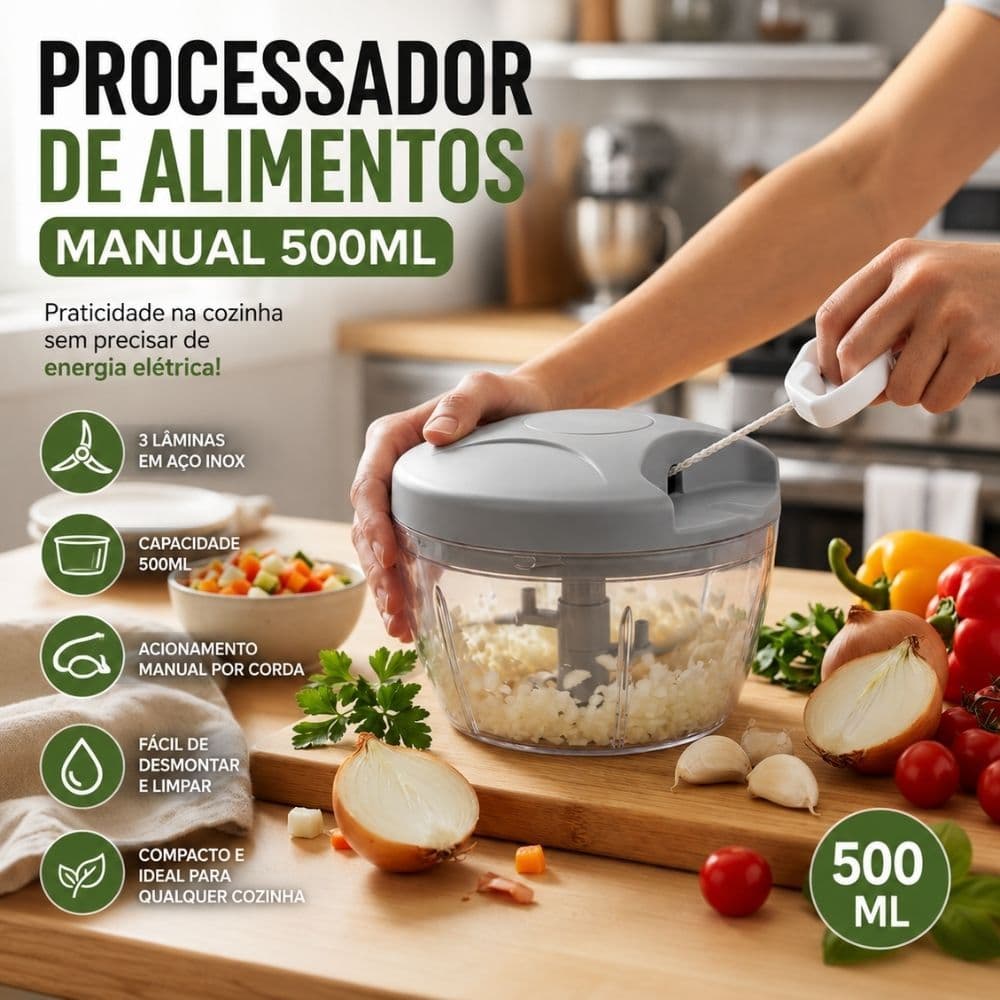 Processador de Alimentos Manual Clink 500ml 3 Lâminas Picador Triturador de Cebola Alho Legumes Verduras Frutas Temperos