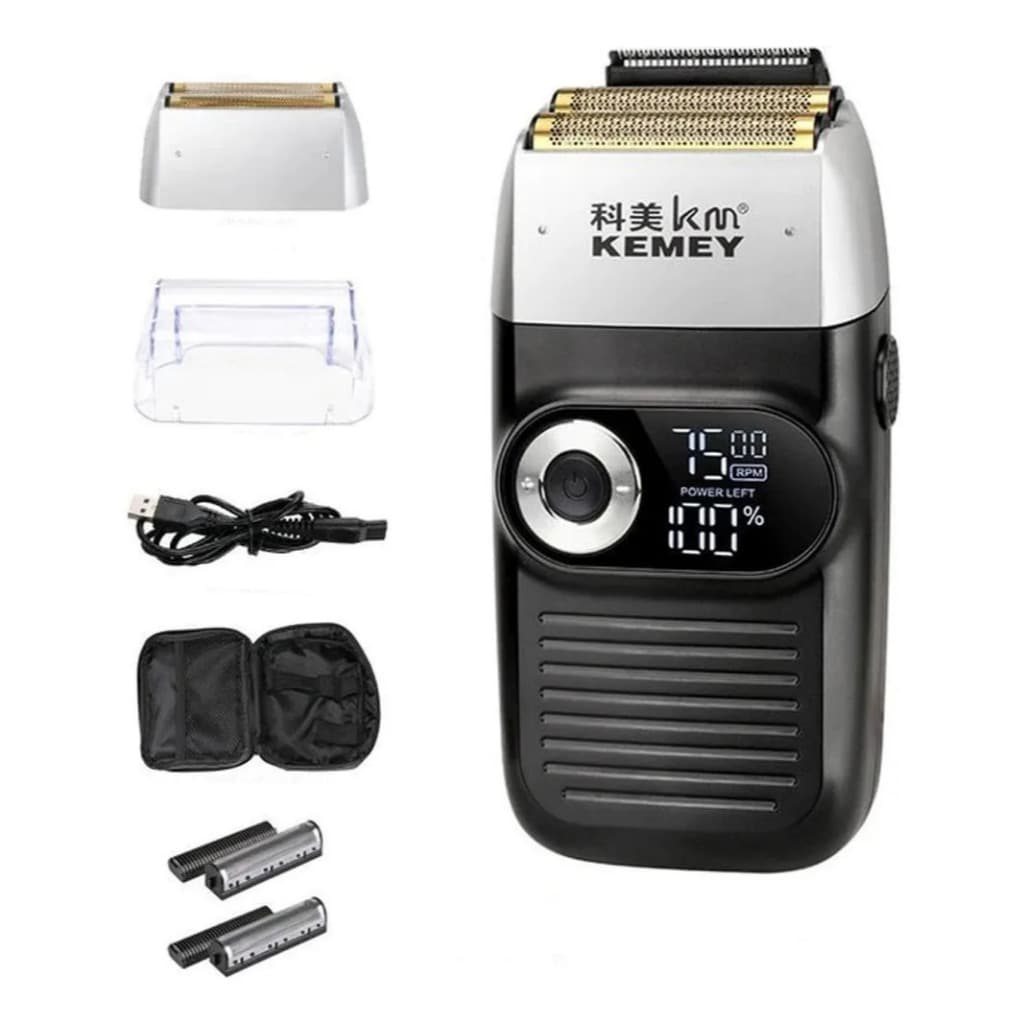 Máquina de Barbear Elétrica Kemei KM-2026 Profissional Recarregável USB Sem Fio Barba e Acabamento