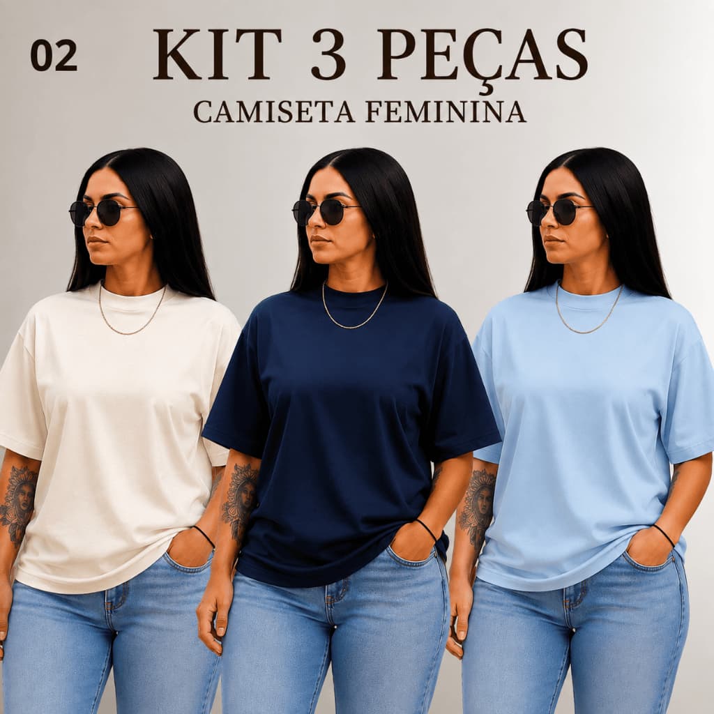 Kit 3 Camisetas Femininas Boxy Manga Oversized Gola Alta 100% Algodão Moda Blogueira