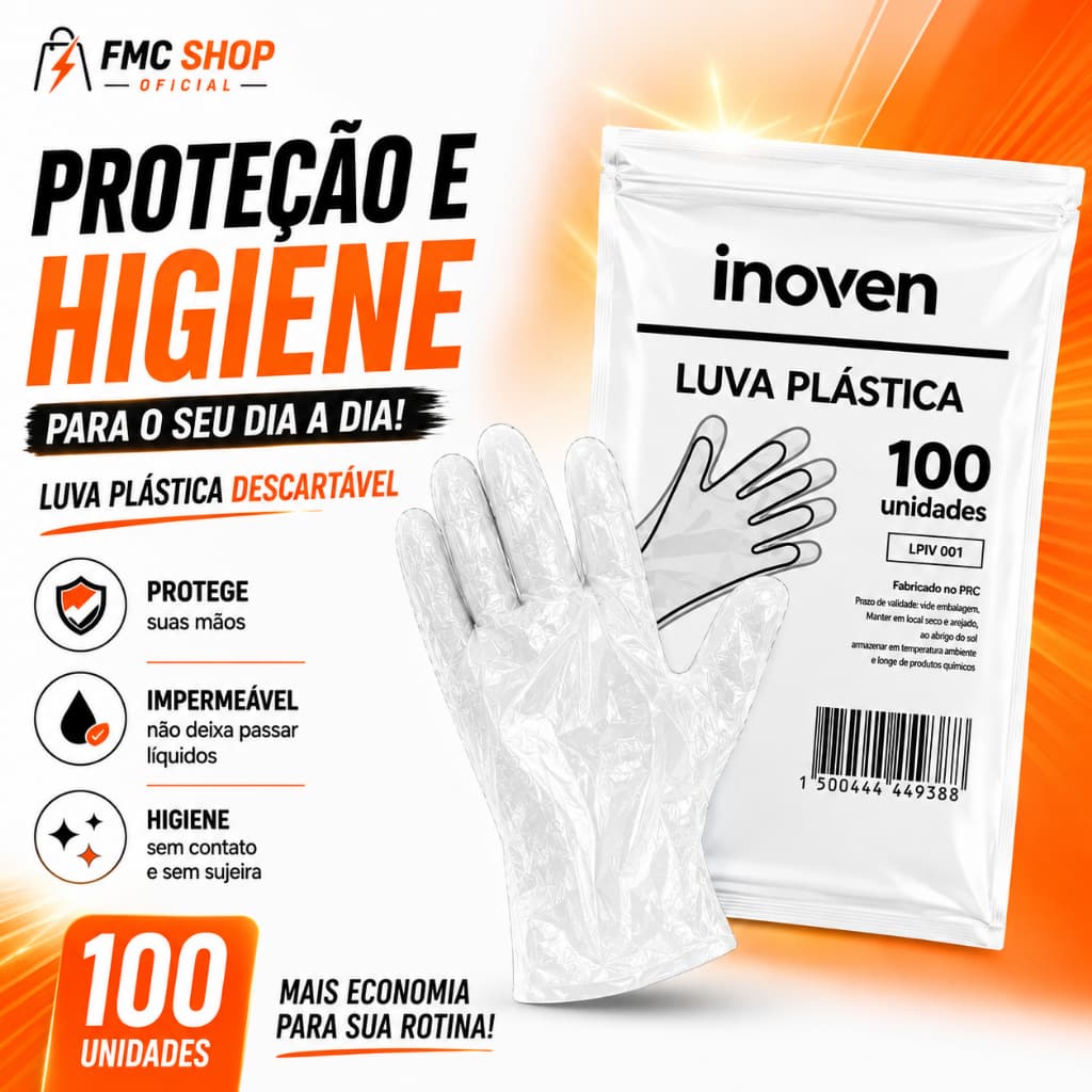 Luva Plástica Descartável 100 unidades = 50 Pares Inoven Higiene Culinária e Limpeza