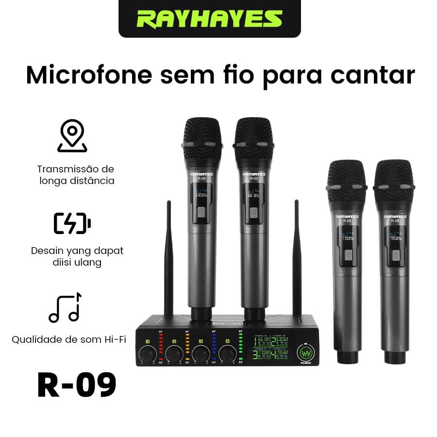 RAYHAYES Kit 4 Microfone Sem Fio R-09 UHF para Conferência, Show de Palco, KTV Familiar, Apresentações Externas