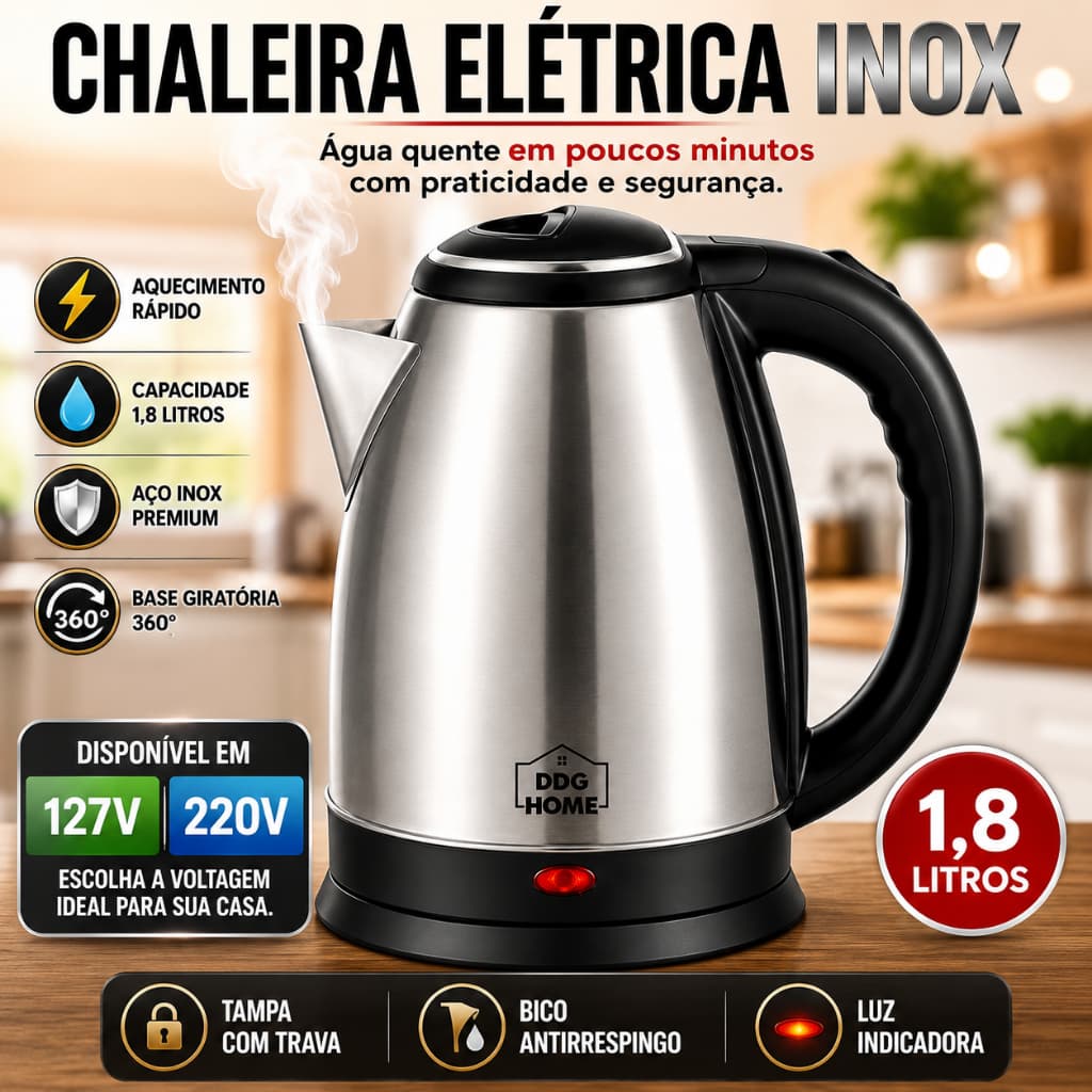 Chaleira Eletrica Inox Rapida Economica 1.8 Litro Capacidade Alta Potencia 1000w 127v 220v