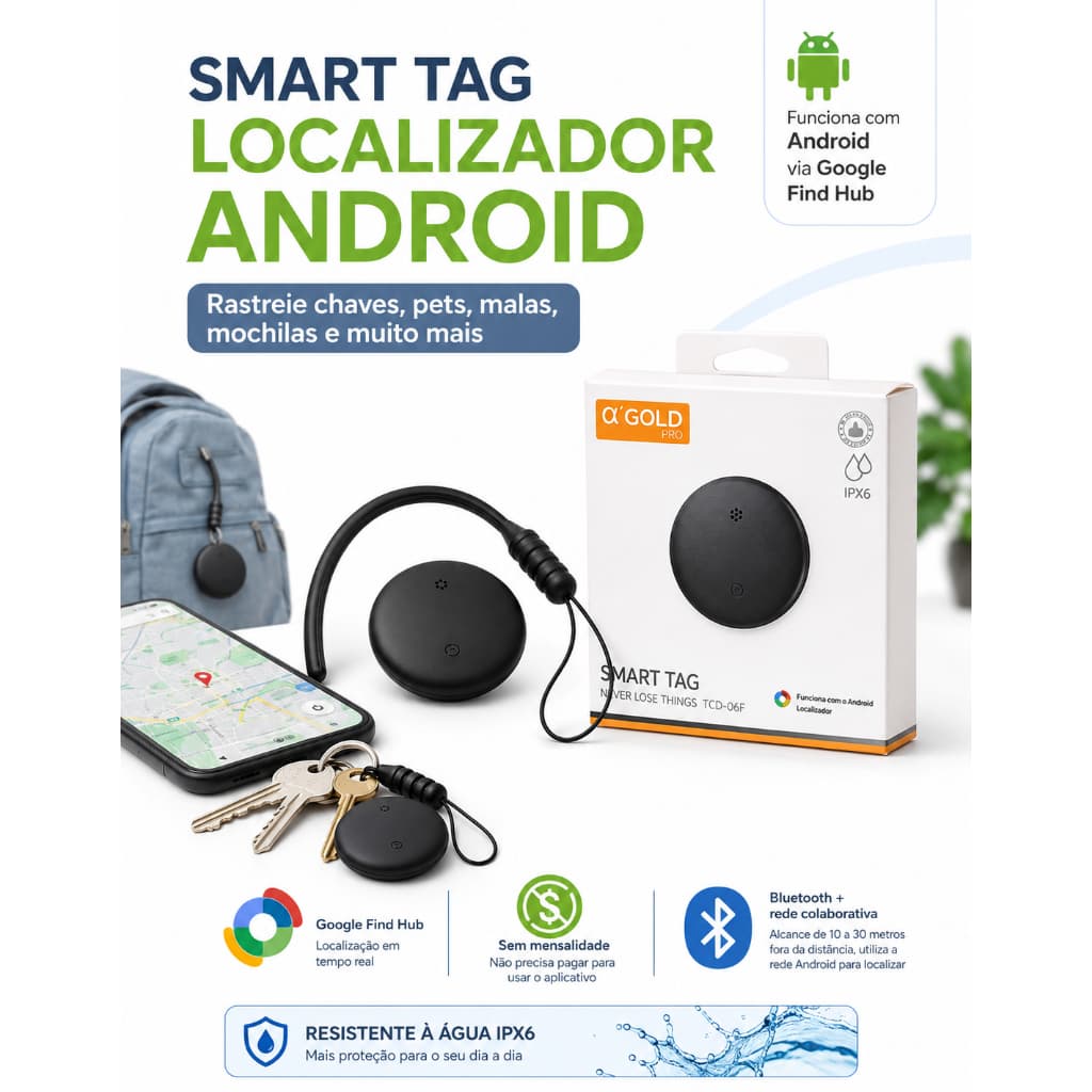 Smart Tag Localizador Android Alpha Gold Pro TCD-06F | Rastreador Bluetooth Crianças Pet Malas Carros Bicicletas Google