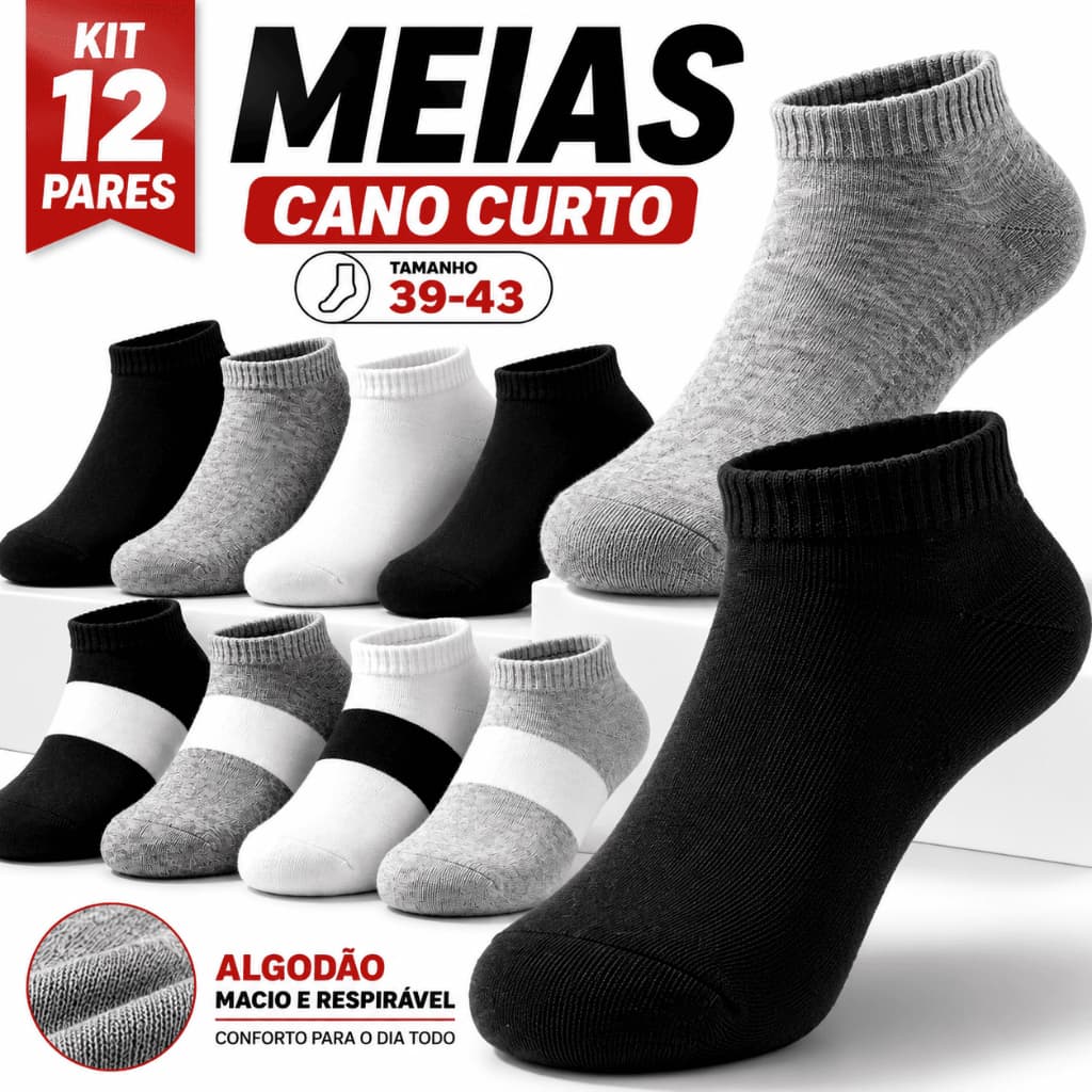 Kit 12 Pares Meias Cano Curto Sortidas Unissex Algodão Confortável Macia Masculina Feminina