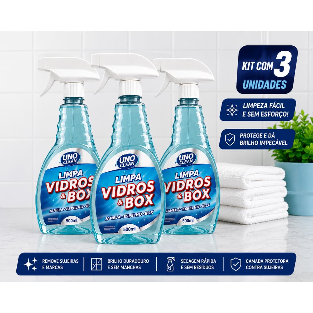 Kit 3 Limpa Vidros e Box Profissional ProVita Spray 500ml - Brilho Sem Manchas Ação Desengordurante