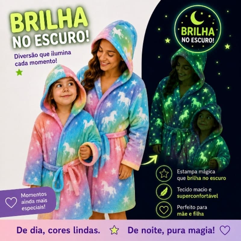 Kit Roupão tal mãe e tal filha de microfibra que brilha no escuro