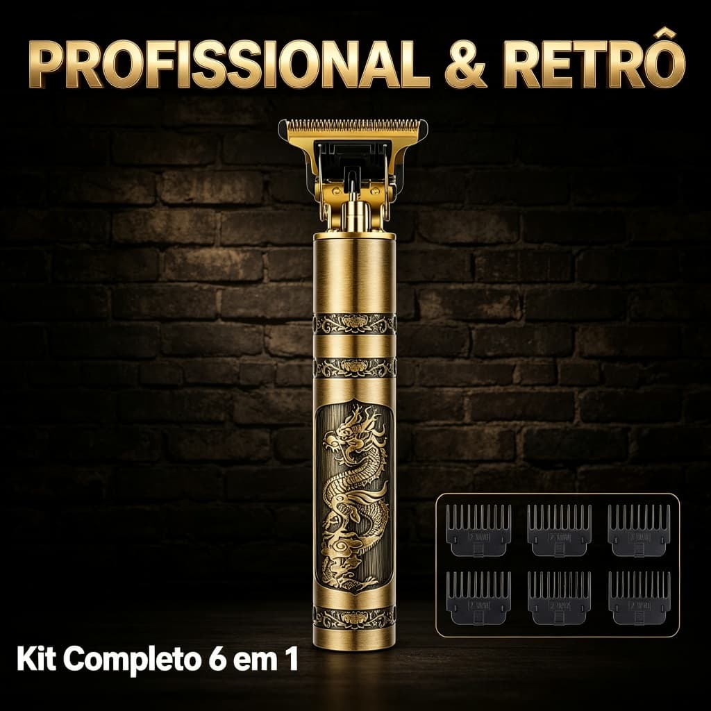 Máquina De Cortar Cabelo E Barba Profissional Vintage T9 Recarregável Kit 6 Em 1 Dragão Dourada Original