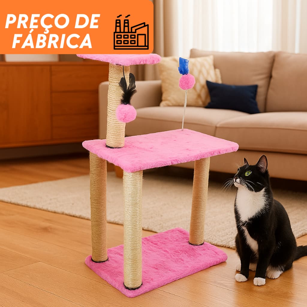 Arranhador Torre  com 3 Andares Gato Sisal Pelúcia Com Brinquedo