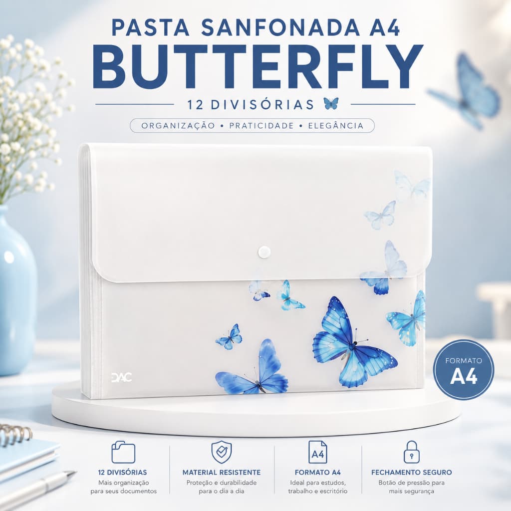Pasta Sanfonada A4 Butterfly DAC 12 Divisórias para Escola, Escritório e Organização