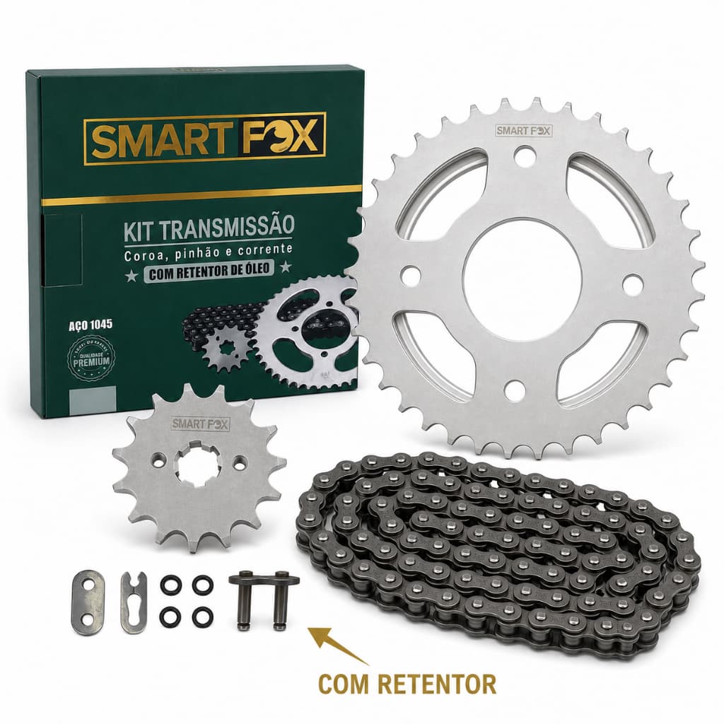 Kit Relação Transmissão Moto Honda Fan 125 2014 a 2018 Com Retentor Smart Fox