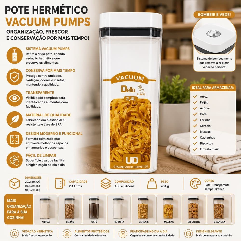 Pote Hermético Retangular Pumps 2,4 Litros Organizador para Mantimentos Vedação Hermética