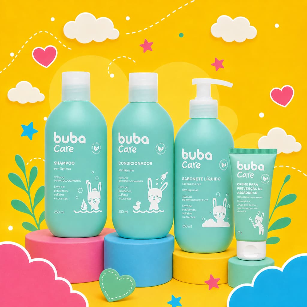 Kit Banho Shampoo Condicionador Sabonete Infantil Pomada de Assaduras Buba Care