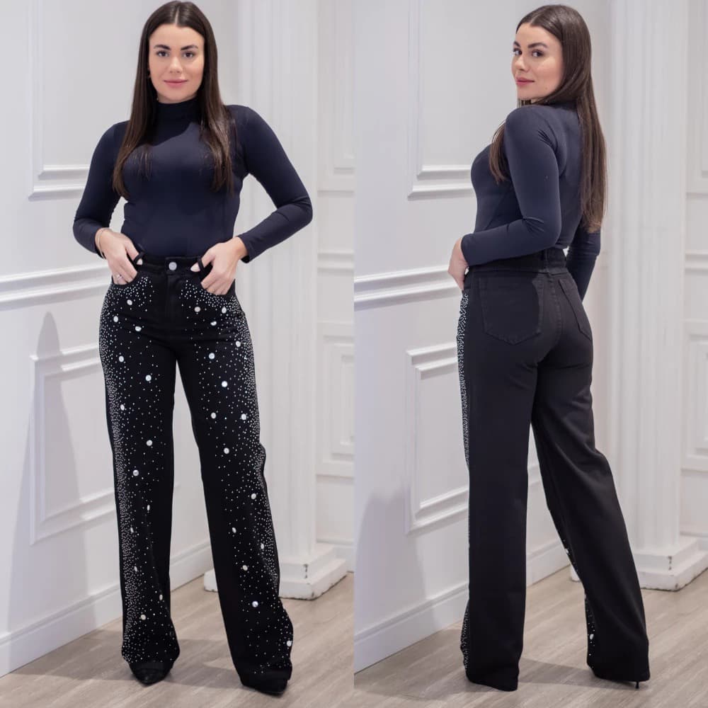 Calça Jeans Wide Leg Com Strass e Metal na Frente, Cintura Alta - Modelo Eclipse