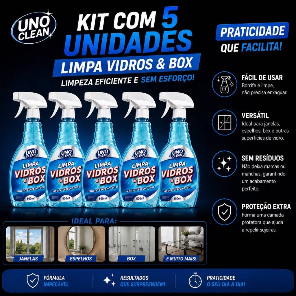 Kit 5 Limpa Vidros e Box Blindex Banheiro 500ml Remove Calcário Mancha Espelho Vidraça Brilho Imediato