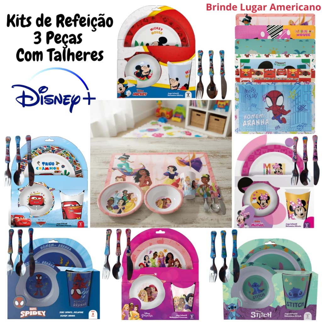 Kits Infantil de Refeição Melamine Disney Prato/Bowl/Copo/Lugar e Talheres - Produto Licenciado