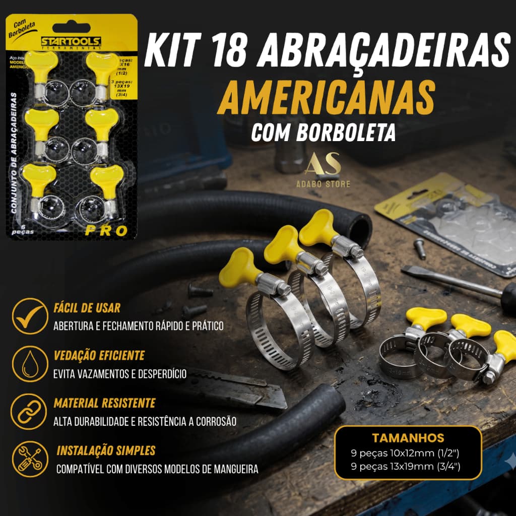 Kit 18 Abraçadeiras Aço Inox Ajustável Modelo Americana 1/2" e 3/4" Com Borboleta Aperto Manual Mangueira Gás Jardim