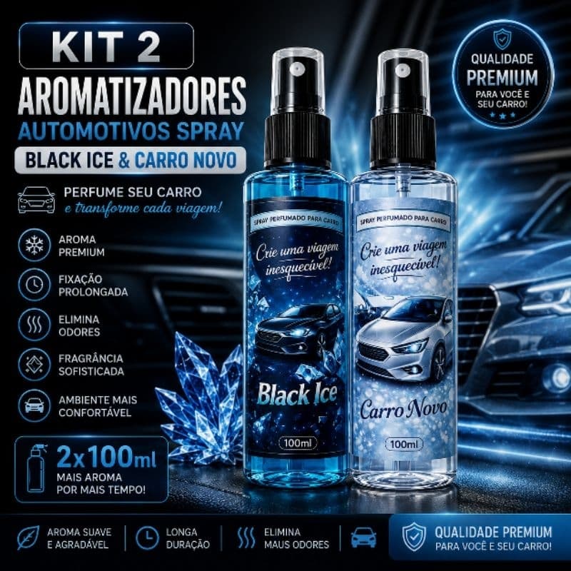 kit de Aromatizador Automotivo Spray 100 ml Black Ice / Carro novo| Perfume para Carro Longa Duração