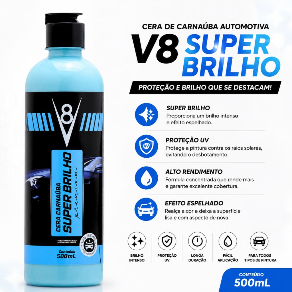 Cera de Carnaúba Automotiva V8 500ml Super Brilho Proteção UV Alto Rendimento Efeito Espelhado