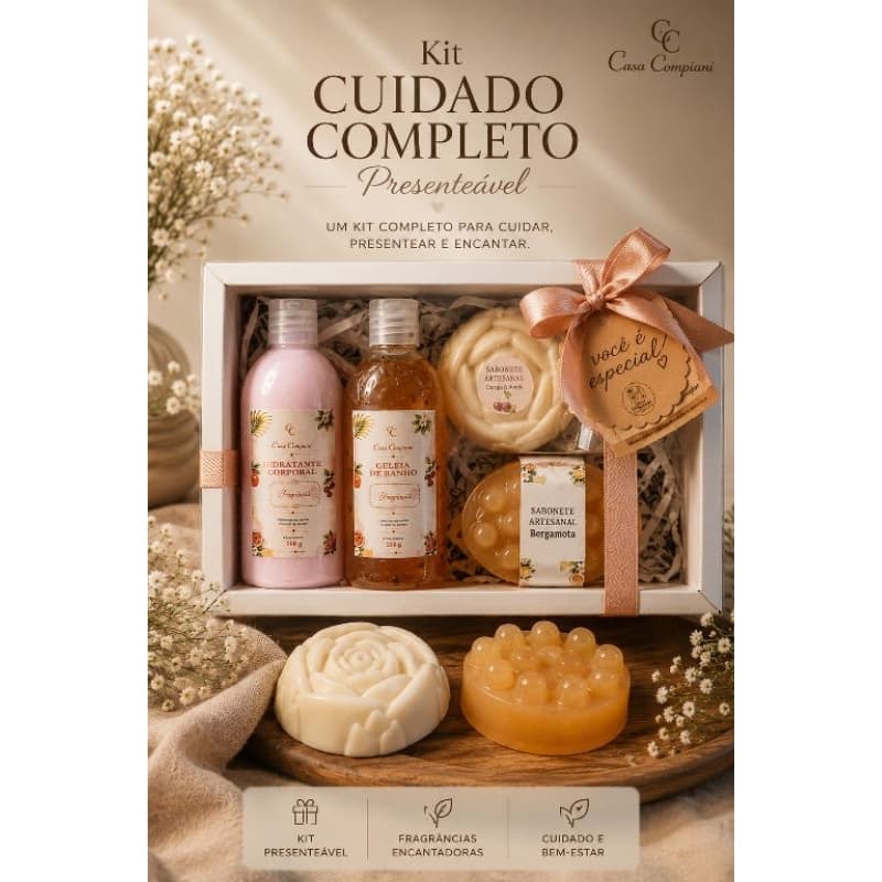 Kit Spa Presenteável Completo | Hidratante + Geleia de Banho + Sabonete Massageador + Sabonete Facial | Casa Compiani