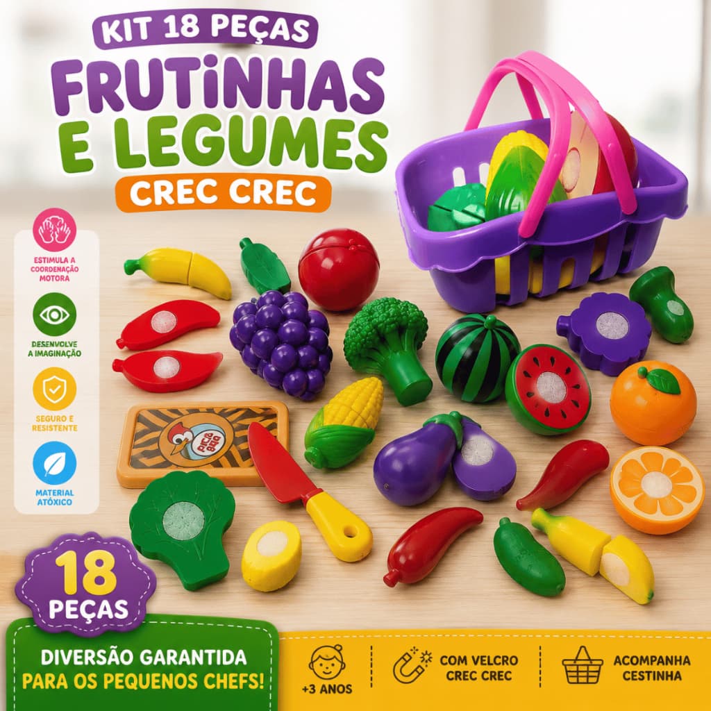 kit Brinquedo Frutas Frutinhas Legumes Comidinhas Cozinha Velcro Crec crec
