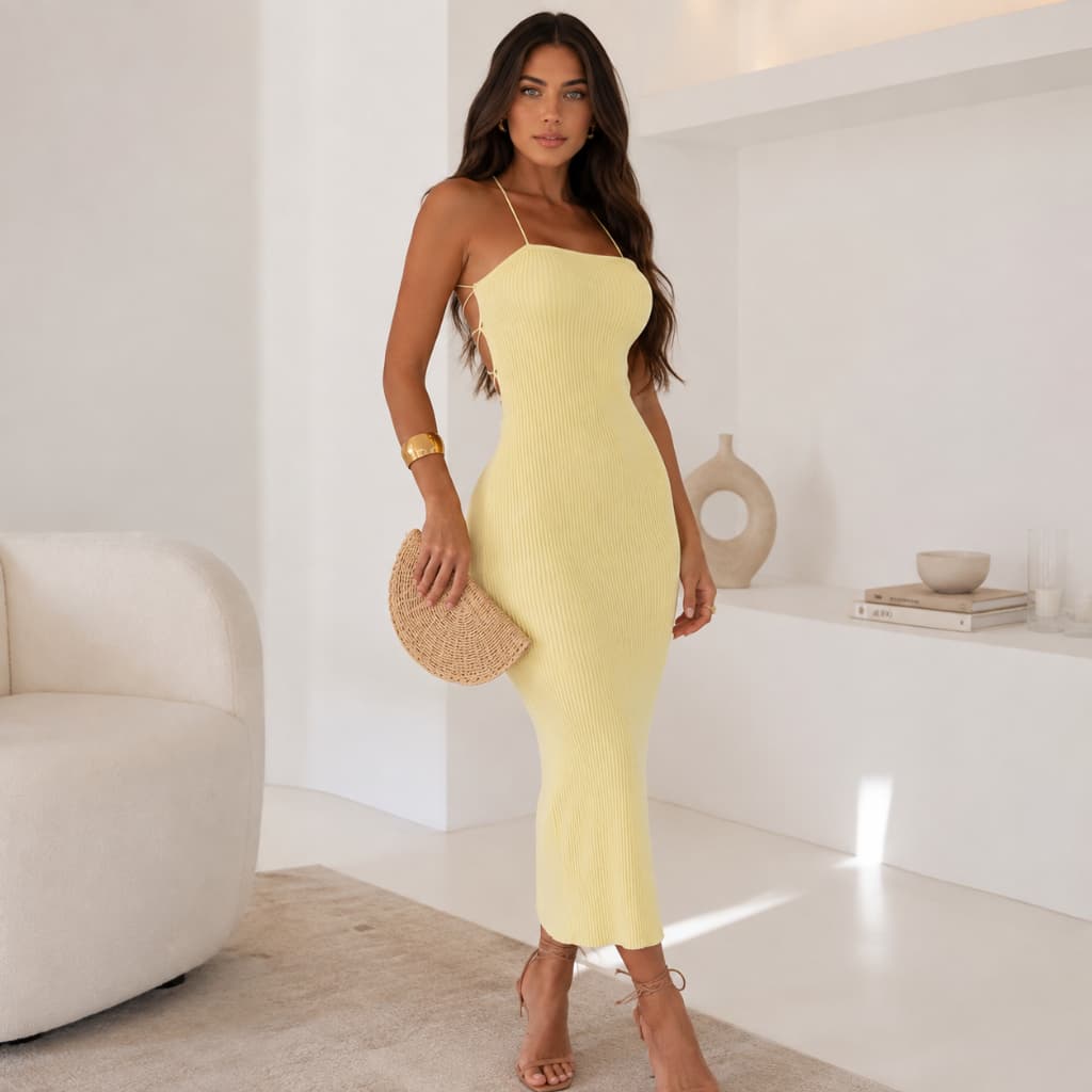 Vestido Midi Feminino Modal Tricot Premium Canelado Alça Fina Costas com Amarração em Cordão Elegante Verão Praia Festa