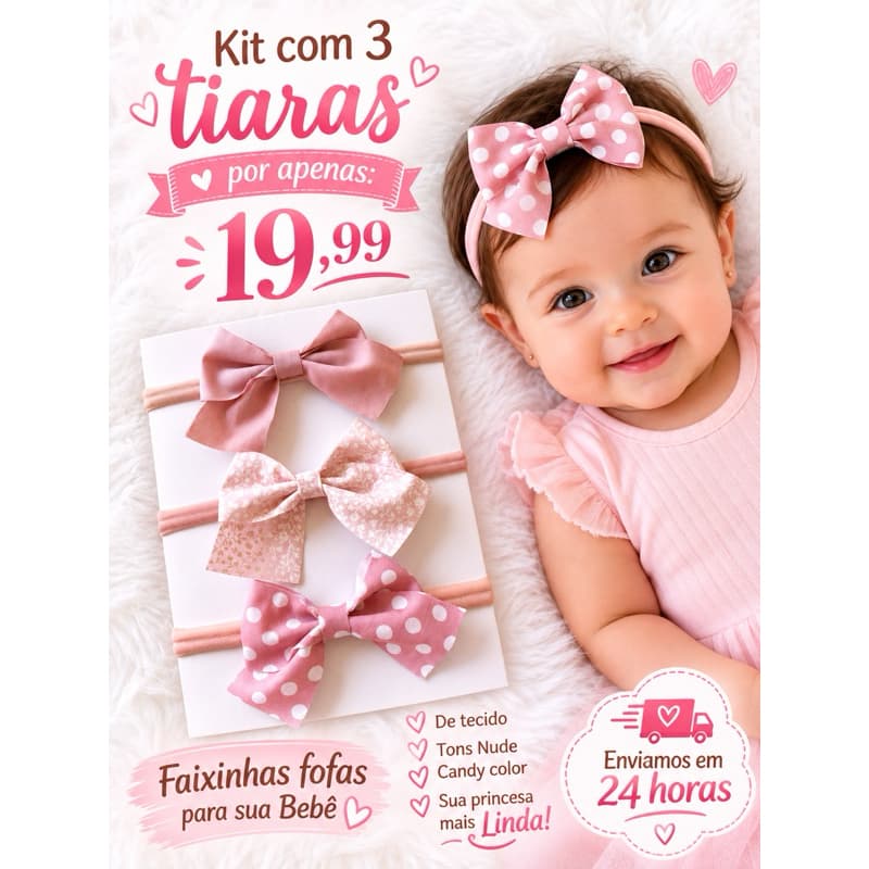 kit 3 Faixinhas Tiaras Bebê Laço/ Acessórios Infantis/ Macios e estilosos/ Envio Rápido Candy Color