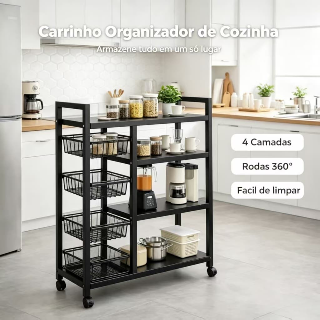 Carrinho Prateleira Organizador Fruteira 120 X 32 X 135 Com Rodinhas Multiuso 4 Andares para Cozinha