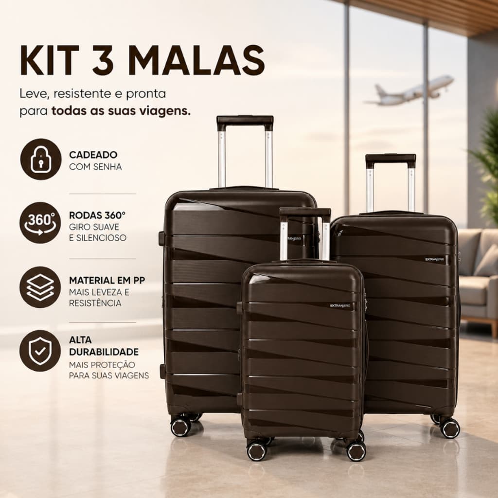 Kit 3 Mala Viagem Peças P M G Rodas 360° removível Leve Segura Resistente