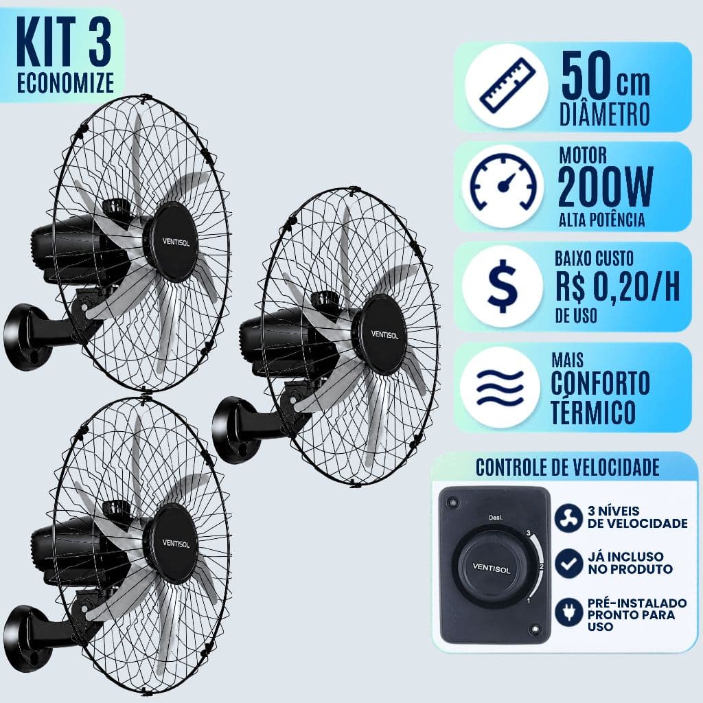 Kit 3 Ventilador Parede 50cm Ventisol 6 Pás 200w Bivolt Steel Para Galpão Academia Igreja Escola