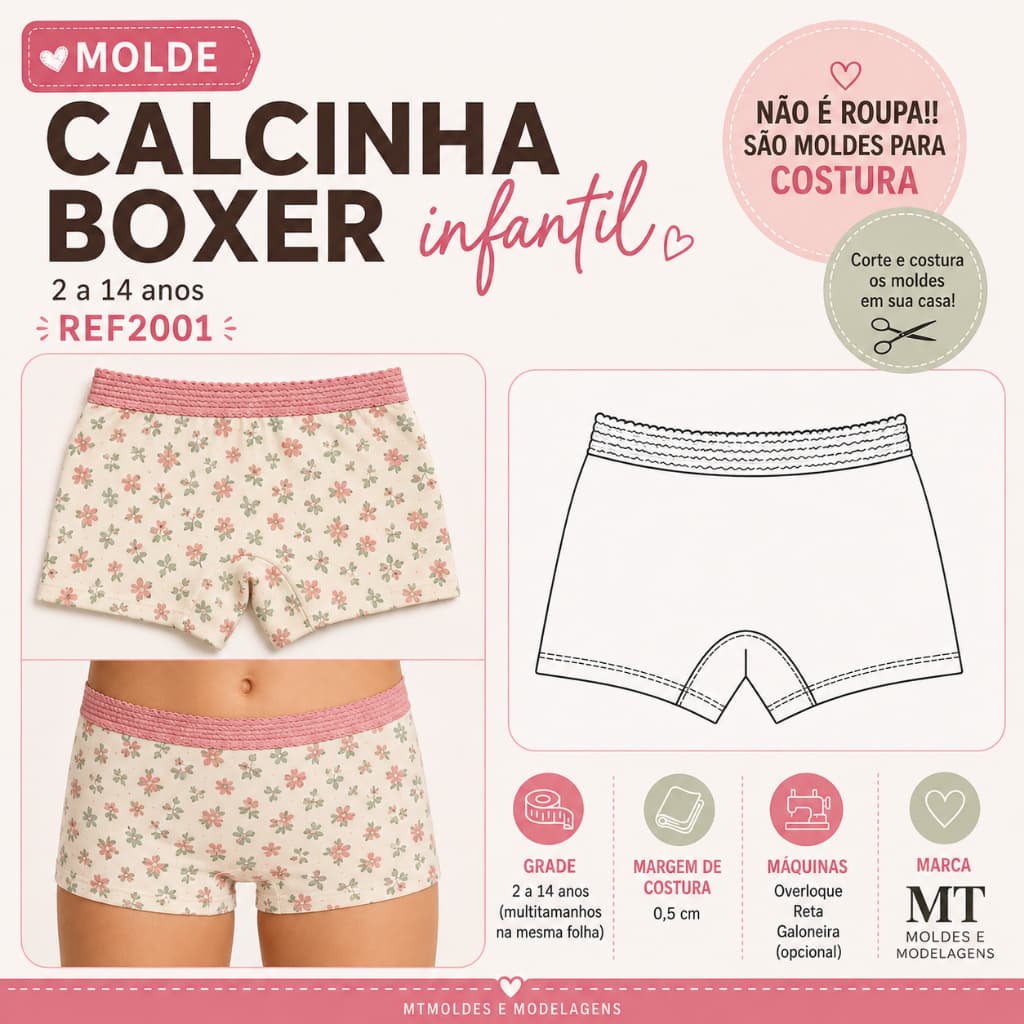 REF2001 Molde Calcinha Boxer Infantil 2 ao 14 Anos Impresso em Papel Kraft Multitamanhos