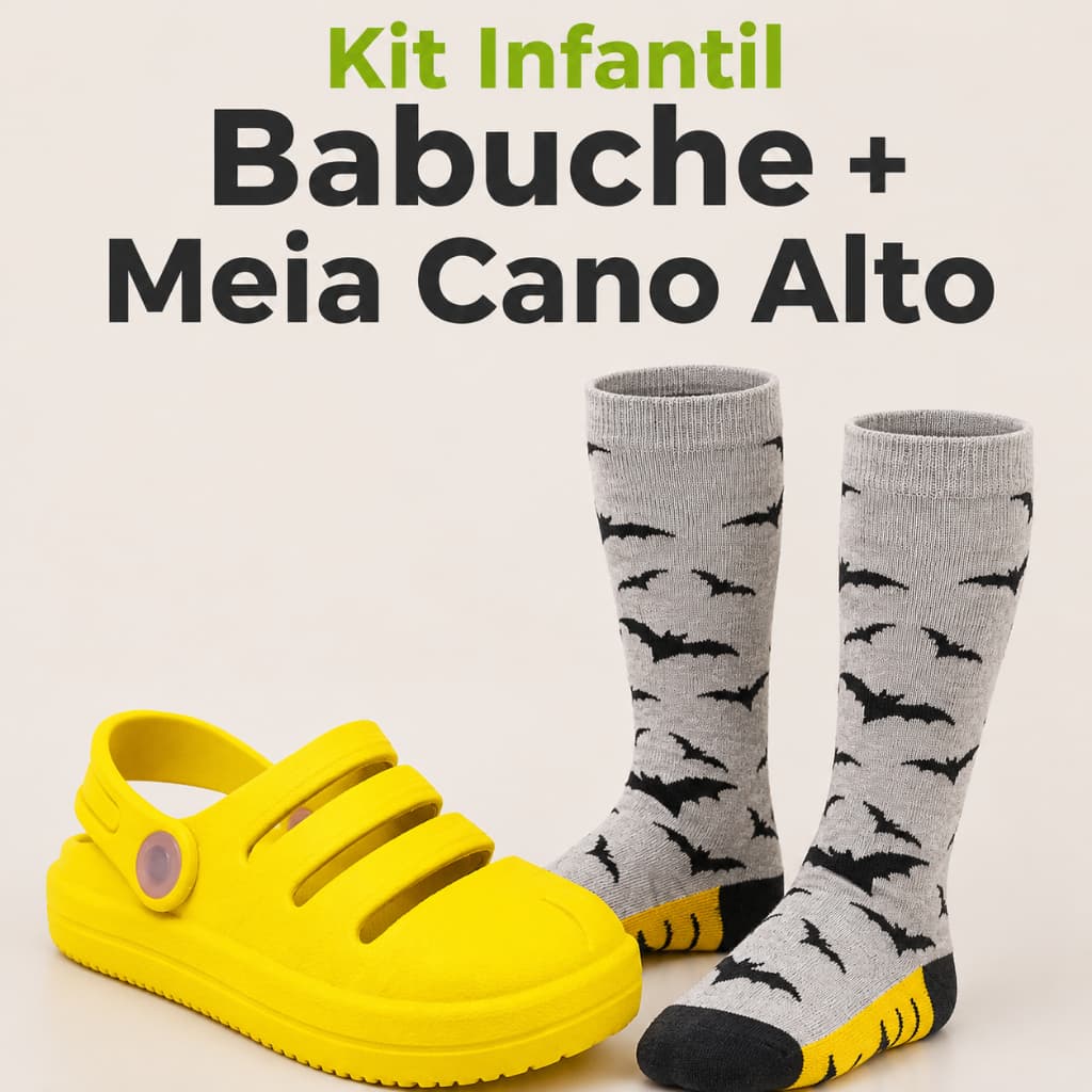 Kit Infantil Babuche + Meia Cano Alto Estampada Country Morcego Menino e Menina Confortável Leve