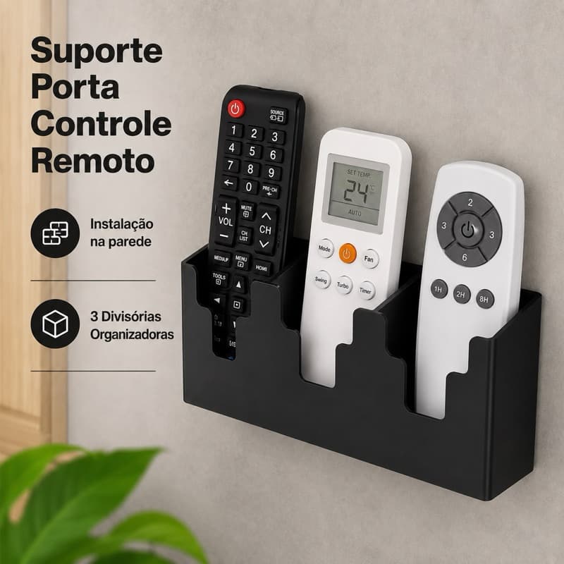 Suporte De Parede 3 Divisórias Porta Controle Remoto Universal Ar Tv Ventilador C/ Autoadesivo