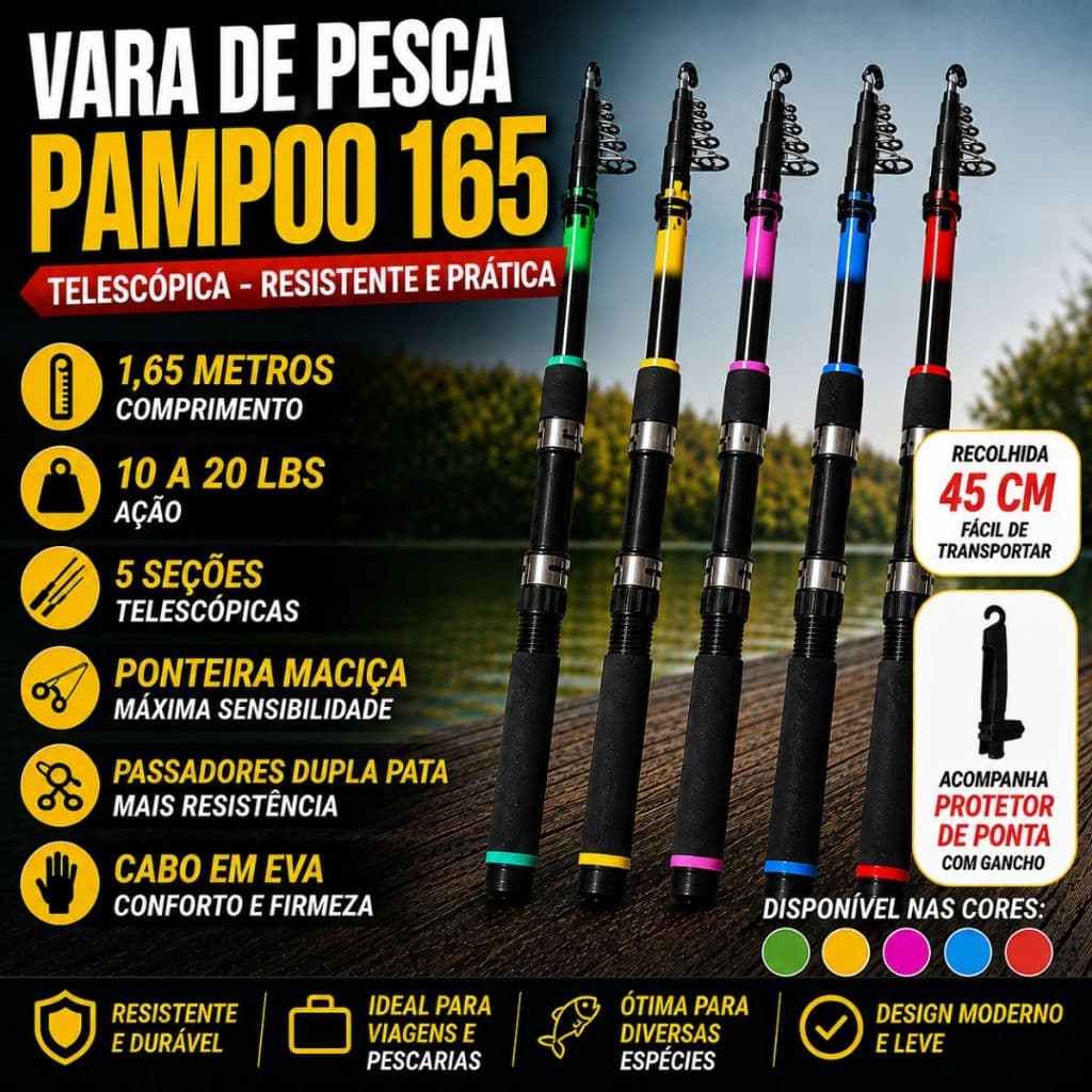 Vara De Pesca Telescópica 1,65m Para Molinete 10-20lbs Ponteira Maciça Passadores Dupla Pata