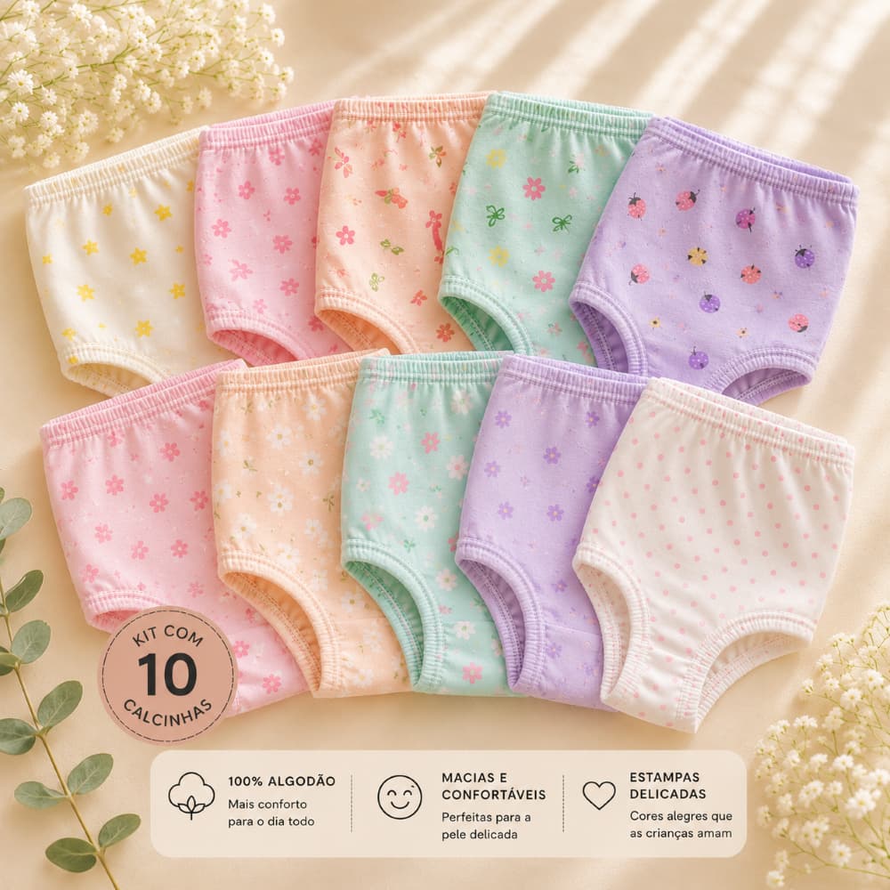 Kit 10 Pç Calcinha Infantil Rebatida em algodão 100% Fabricação Própria