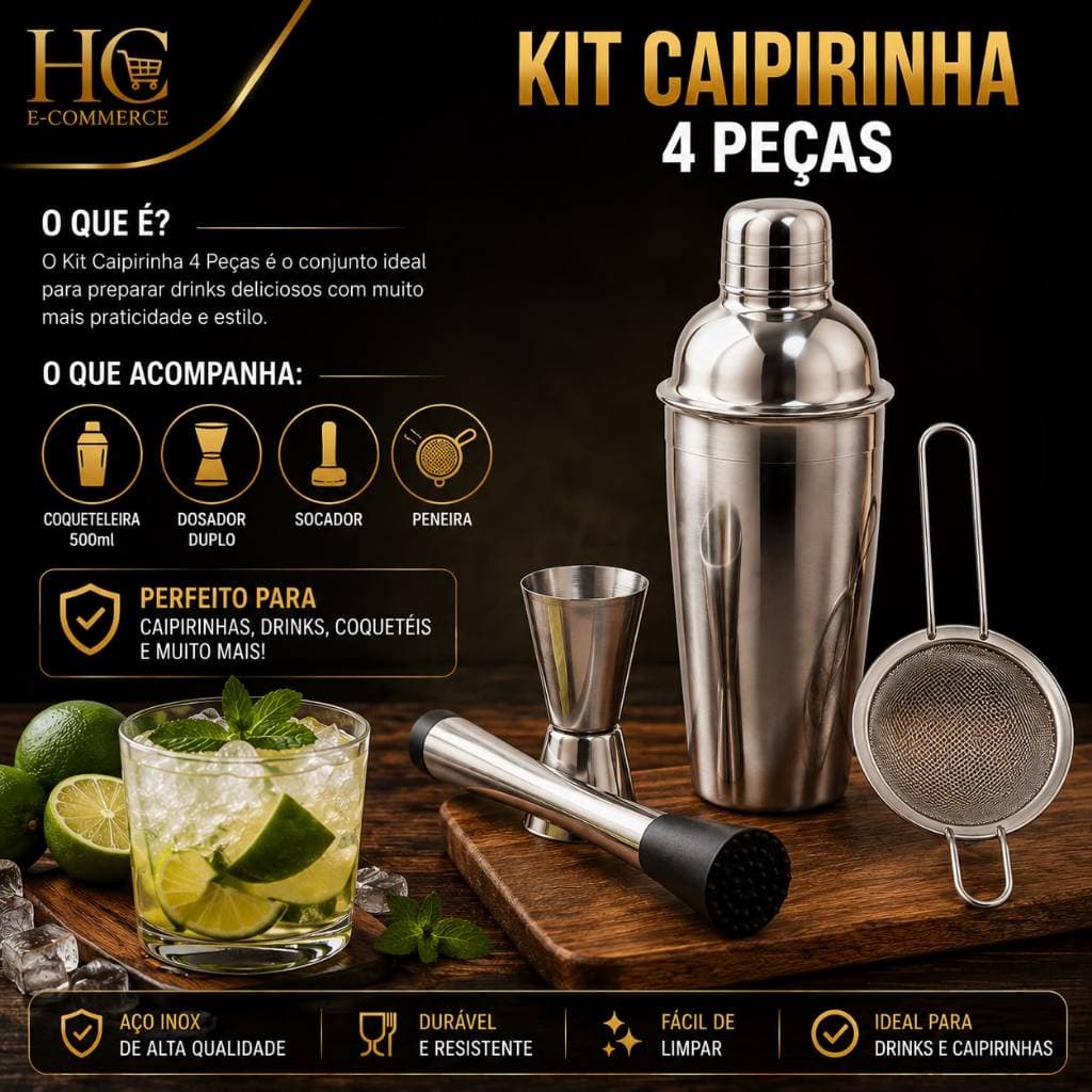 Kit Coqueteleira 500ml c/Socador, Dosador e Peneira para Drinks Bar Churrasco e Festas