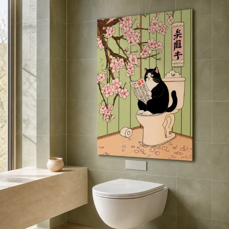 Quadro Decorativo Gato no Banheiro com Sakura Arte Divertida