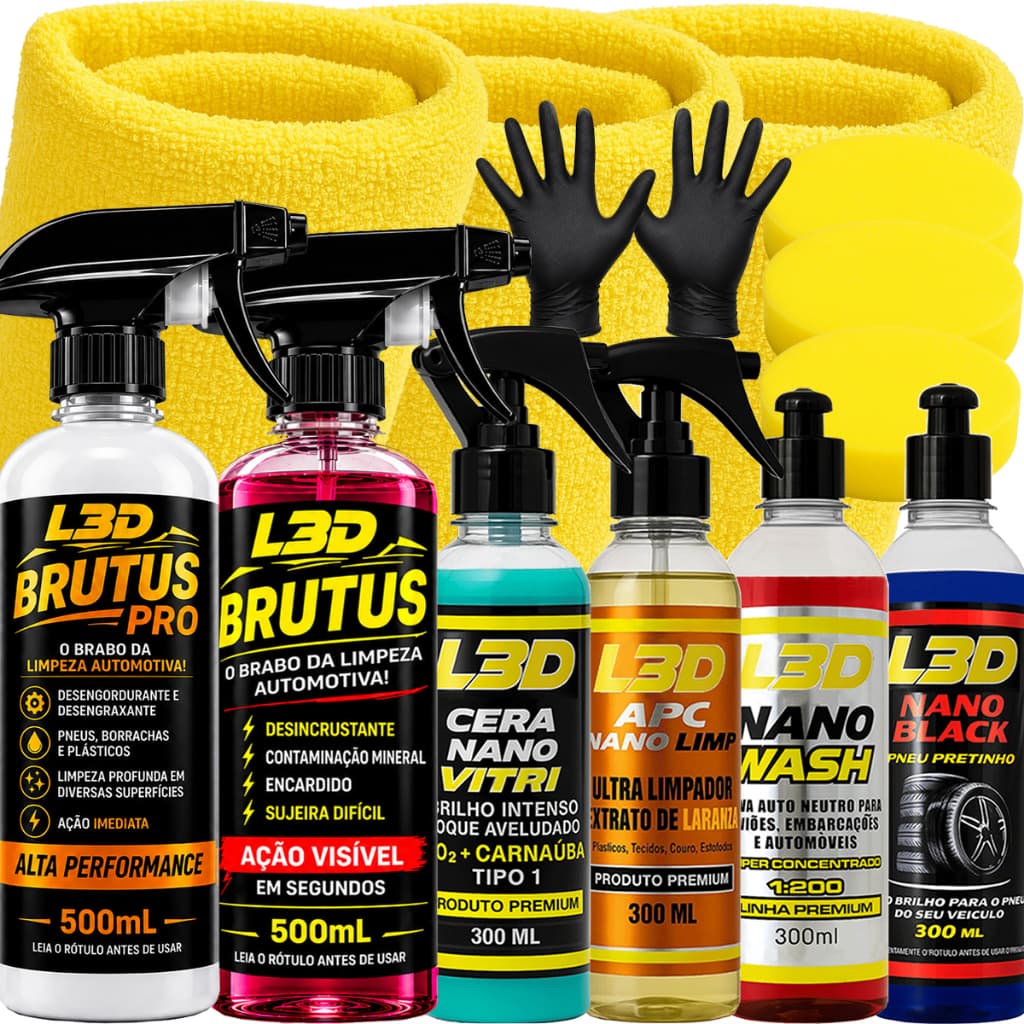 Kit Limpeza Automotiva Cera Carnaúba Desengraxante Desengordurante Desincrustante Apc Pretinho Shampoo