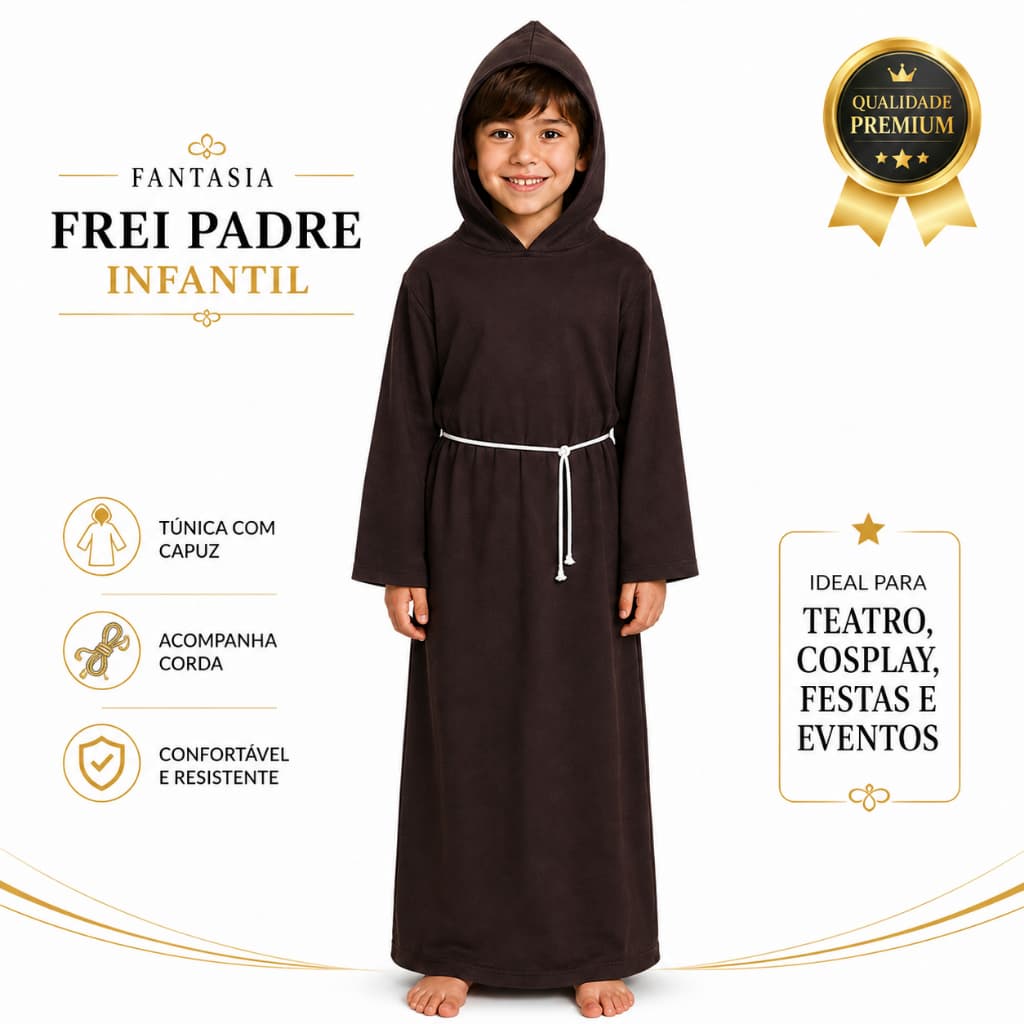 Fantasia Frei Padre Monge Infantil Luxo com Capuz Túnica Marrom Cosplay Festa Temática e Eventos