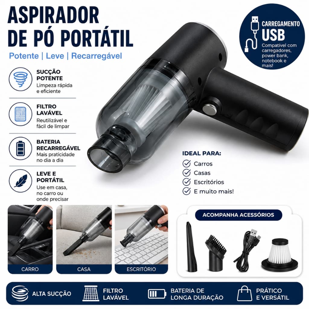 Mini Aspirador de Pó Portátil Automotivo Casa Sem Fio 3 em 1 Recarregável Potente 6000Pa