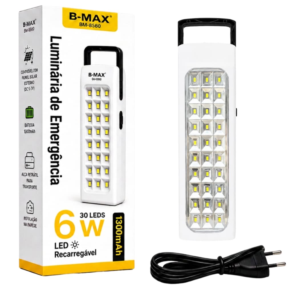 Luminária LED de Emergência Recarregável 30 LEDs 6W para Residências Escritórios e Comércios Fixação